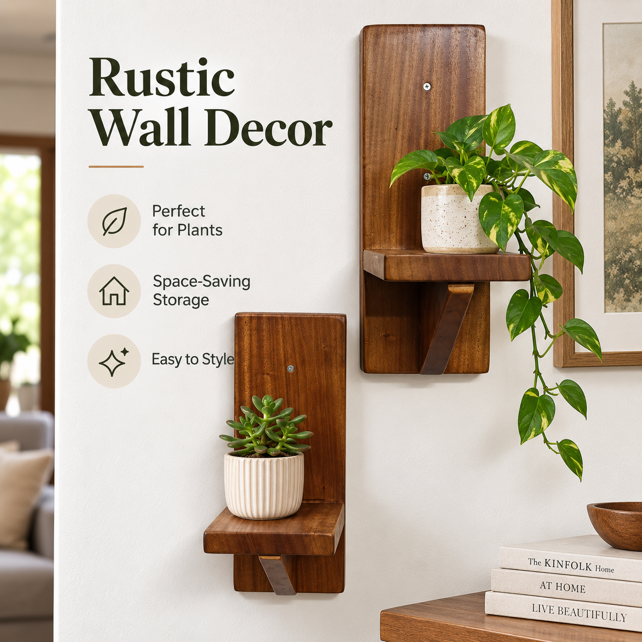 Set of 2 Wood Floating Wall Shelves – Small Rustic Decor Shelves for Plants