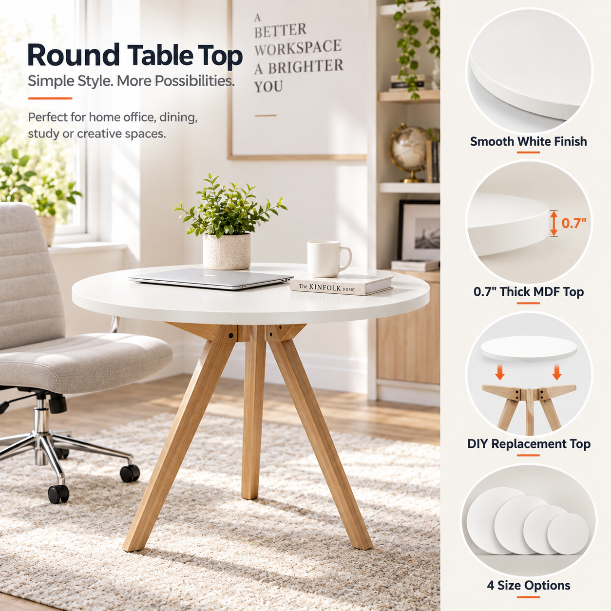 Round White MDF Table Top 0,7"– Smooth Painted DIY Replacement Desk Top