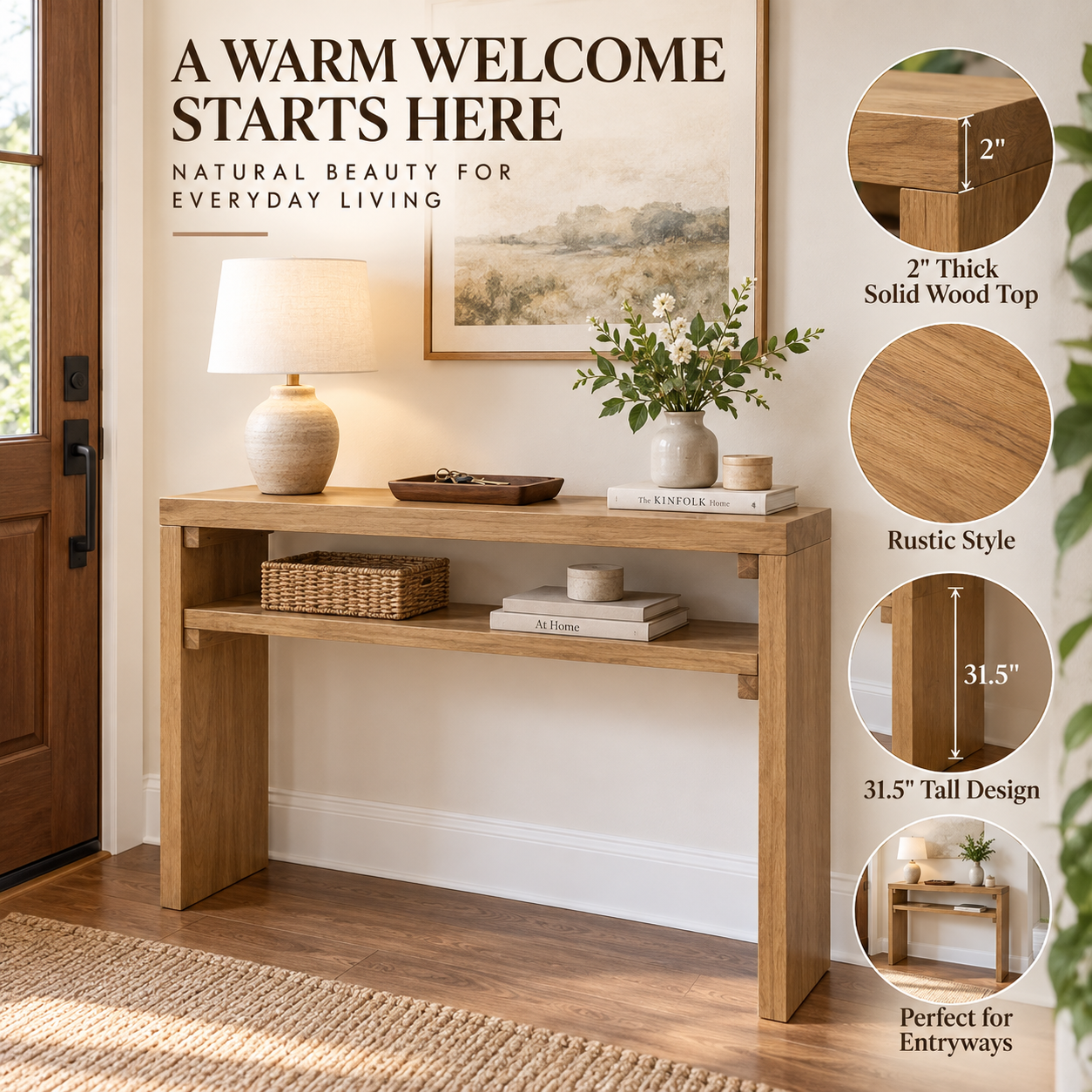 31.5" Tall Rustic Solid Wood Console Table – 2" Thick Slab Entryway Desk