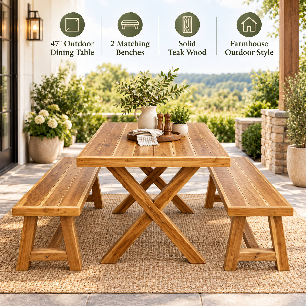 47" Teak Outdoor Dining Set – Rustic Farmhouse Wood Patio Table & Benches