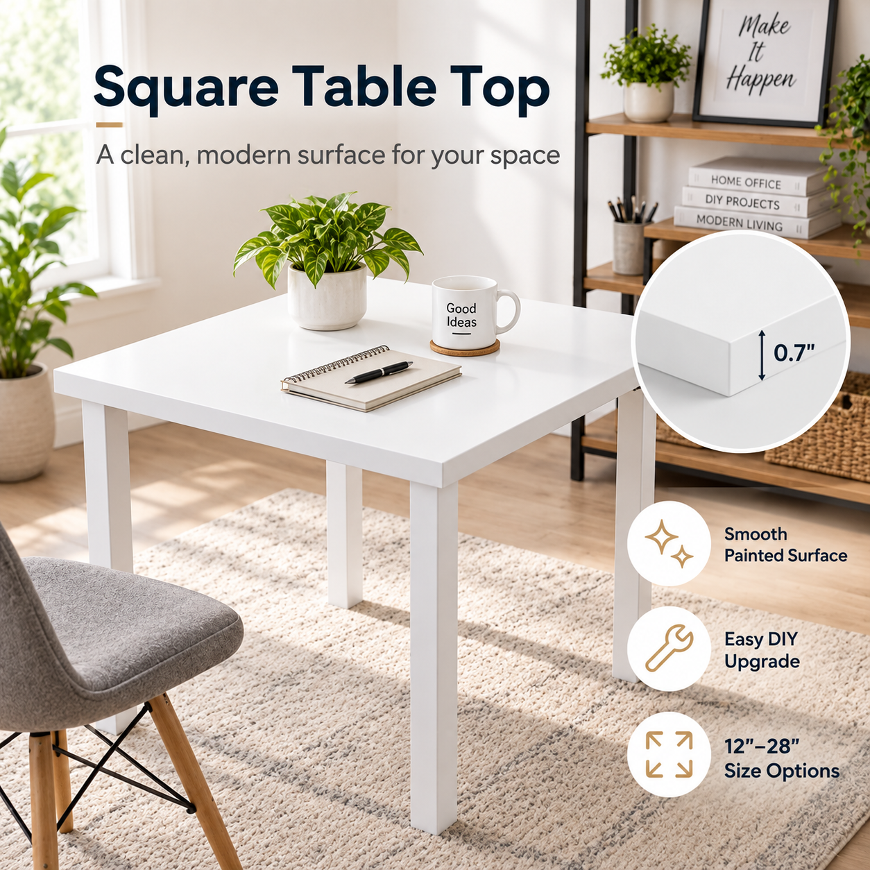 Square White MDF Table Top 0.7" – Smooth Painted DIY Replacement Desk Top