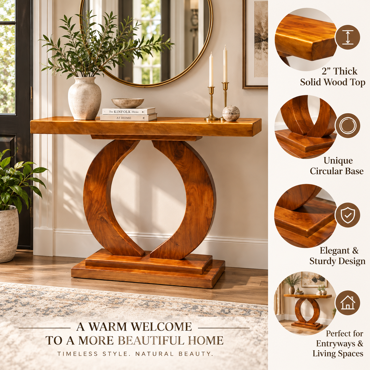 Solid Wood Console Table – 2" Thick Slab Table with Circular Base