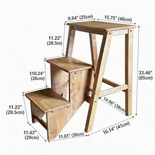 Folding 3-Step Wooden Ladder Stool, Multi-Purpose Step Stool Chair for Kitchen, Home or Office, Space-Saving Step Ladder