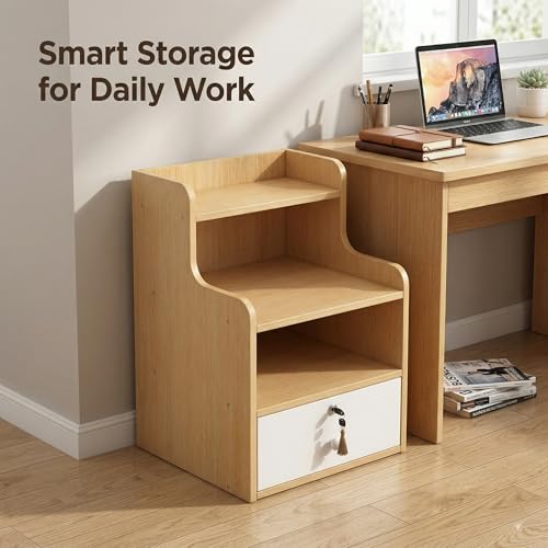 Bedside Storage Cabinet, 3-Tier Nightstand Organizer with Drawer, Multi-Functional Small Shelf Unit for Bedroom, Living Room, Office, Space Saving End Table, 21.7”H, Dark Wood