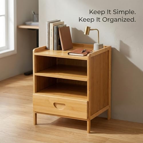 Bedside Table with Drawer and Shelf, Small Nightstand Storage Cabinet for Bedroom, Compact End Table for Small Spaces, Bamboo Look Wood Organizer, Natural Finish
