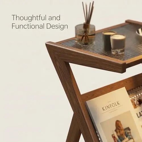 End Table with Magazine Rack, Wooden Side Table with Storage Shelf for Living Room and Sofa, Small Accent Table for Bedroom