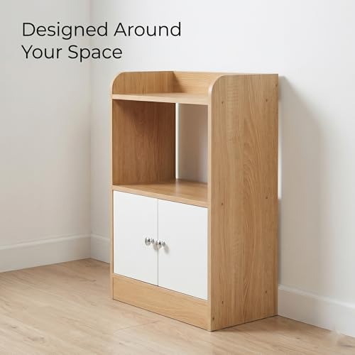 Modern MDF Bedside Storage Cabinet with 2 Doors and Open Shelf, Freestanding Nightstand Organizer for Bedroom, Living Room, Entryway, Natural Wood Finish, 23.6 x 15.7 x 9.4 Inch