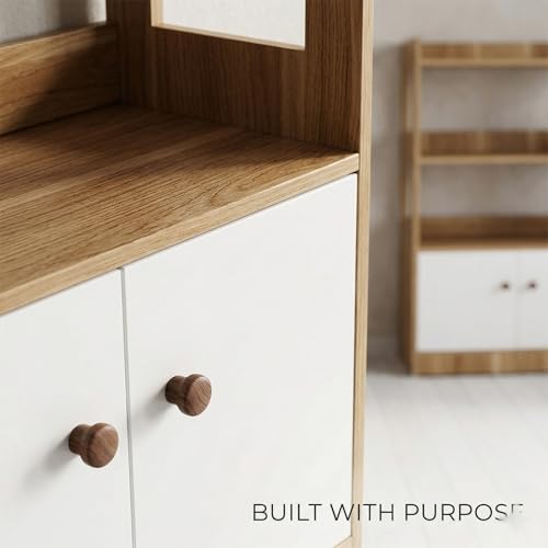 Kitchen Storage Cabinet with Doors and Open Shelves, Microwave Stand with 3-Tier Organizer, Wooden Kitchen Rack for Dining Room, Living Room, Pantry, Natural Wood & White