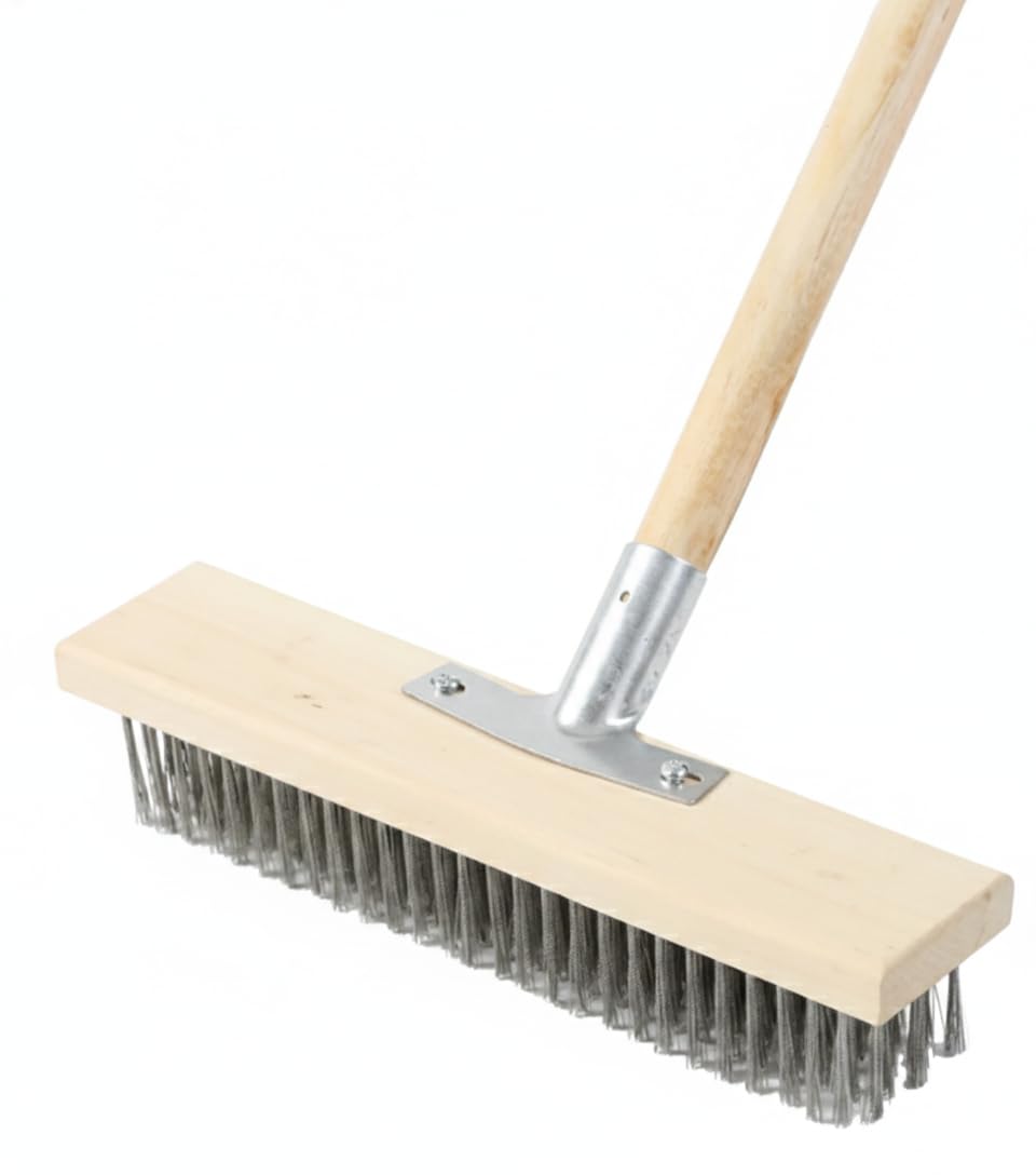 Stainless Steel Wire Scrub Brush 11.8in / 30cm Set 3 Heads + 1 Hardwood Handle for Deck, Concrete, Patio Floor Cleaning, 45'' Handle Heavy Duty Stiff Metal Bristle Scrubber Broom Outdoor Moss Removal