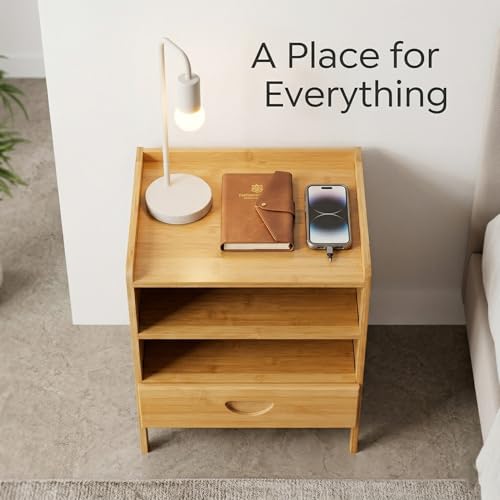 Bedside Table with Drawer and Shelf, Small Nightstand Storage Cabinet for Bedroom, Compact End Table for Small Spaces, Bamboo Look Wood Organizer, Natural Finish