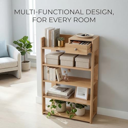 5-Tier Wooden Shoe Rack with Drawer, Freestanding Entryway Shoe Storage Organizer, Narrow Shoe Shelf for Closet, Hallway or Living Room, Modern MDF Shoe Cabinet
