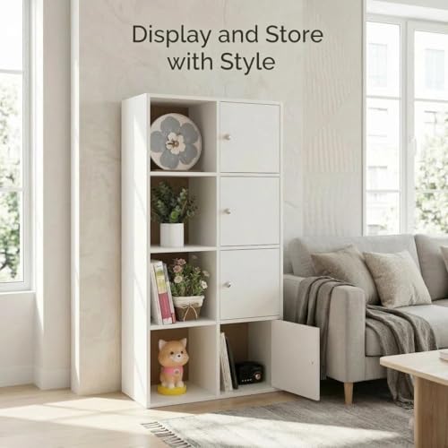 8-Cube Storage Organizer Bookshelf with Doors, Wooden Cube Bookcase Storage Cabinet for Living Room Bedroom Office, Modern MDF Display Shelf