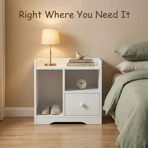 Small Nightstand with Drawer and Shelf, Bedside Table with Open Storage Cubby, Modern End Table for Bedroom, Space Saving Organizer for Small Spaces, White Cabinet