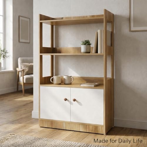 Kitchen Storage Cabinet with Doors and Open Shelves, Microwave Stand with 3-Tier Organizer, Wooden Kitchen Rack for Dining Room, Living Room, Pantry, Natural Wood & White