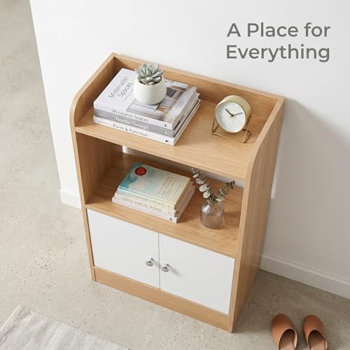 Modern MDF Bedside Storage Cabinet with 2 Doors and Open Shelf, Freestanding Nightstand Organizer for Bedroom, Living Room, Entryway, Natural Wood Finish, 23.6 x 15.7 x 9.4 Inch
