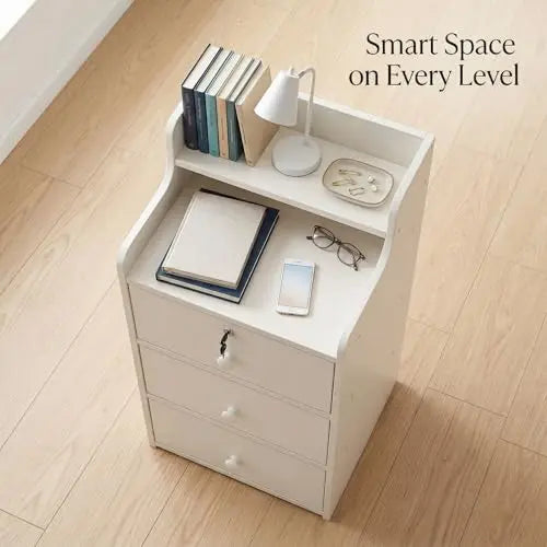 Slim Nightstand for Small Spaces with 3 Drawers, Lockable Bedside Table, Tall Narrow Side Table, White Storage Cabinet for Bedroom