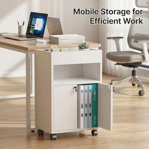 Small Rolling File Cabinet, 2-Tier Storage Cabinet with Door, Mobile Under Desk Organizer for Office, Bedroom, Narrow Space Side Cabinet, White