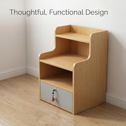 Bedside Storage Cabinet, 3-Tier Nightstand Organizer with Drawer, Multi-Functional Small Shelf Unit for Bedroom, Living Room, Office, Space Saving End Table, 21.7”H, Dark Wood