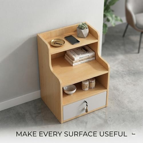 Bedside Storage Cabinet, 3-Tier Nightstand Organizer with Drawer, Multi-Functional Small Shelf Unit for Bedroom, Living Room, Office, Space Saving End Table, 21.7”H, Dark Wood