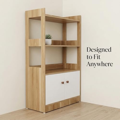 Kitchen Storage Cabinet with Doors and Open Shelves, Microwave Stand with 3-Tier Organizer, Wooden Kitchen Rack for Dining Room, Living Room, Pantry, Natural Wood & White