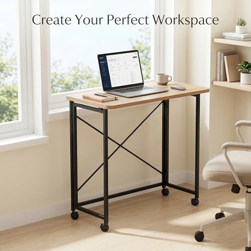 Folding Desk with Wheels, 31.5'' Small Rolling Computer Desk for Small Spaces, Portable Foldable Writing Desk for Home Office, Study Table, Easy Assembly