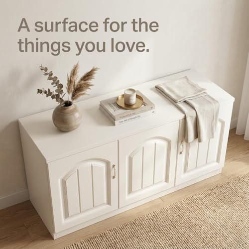 White Storage Bench Cabinet, 2-Door MDF Entryway Shoe Bench with Hidden Storage, Modern European Style Bed End Bench for Bedroom, Living Room, Balcony, 23.6 x 11.8 x 15.7 Inch