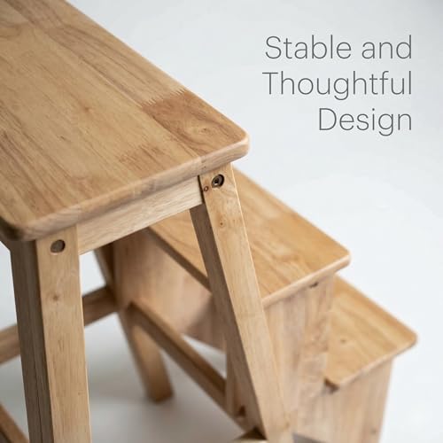 Folding 3-Step Wooden Ladder Stool, Multi-Purpose Step Stool Chair for Kitchen, Home or Office, Space-Saving Step Ladder