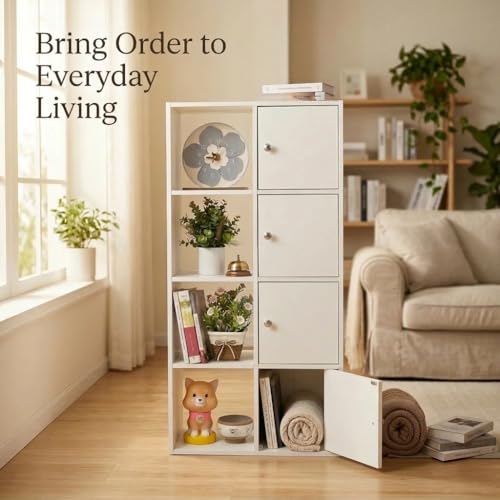 8-Cube Storage Organizer Bookshelf with Doors, Wooden Cube Bookcase Storage Cabinet for Living Room Bedroom Office, Modern MDF Display Shelf