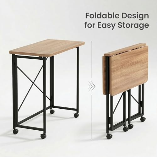 Folding Desk with Wheels, 31.5'' Small Rolling Computer Desk for Small Spaces, Portable Foldable Writing Desk for Home Office, Study Table, Easy Assembly