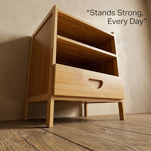 Bedside Table with Drawer and Shelf, Small Nightstand Storage Cabinet for Bedroom, Compact End Table for Small Spaces, Bamboo Look Wood Organizer, Natural Finish