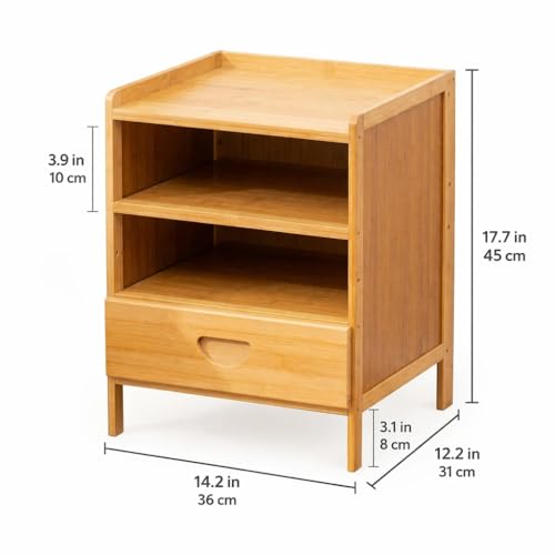 Bedside Table with Drawer and Shelf, Small Nightstand Storage Cabinet for Bedroom, Compact End Table for Small Spaces, Bamboo Look Wood Organizer, Natural Finish