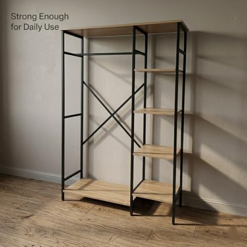 Clothes Rack with Storage Shelves, 4-Tier Freestanding Garment Rack with Hanging Rod, Heavy Duty Metal Clothing Organizer for Bedroom Closet Laundry Room
