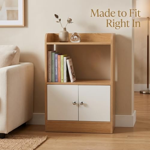 Modern MDF Bedside Storage Cabinet with 2 Doors and Open Shelf, Freestanding Nightstand Organizer for Bedroom, Living Room, Entryway, Natural Wood Finish, 23.6 x 15.7 x 9.4 Inch