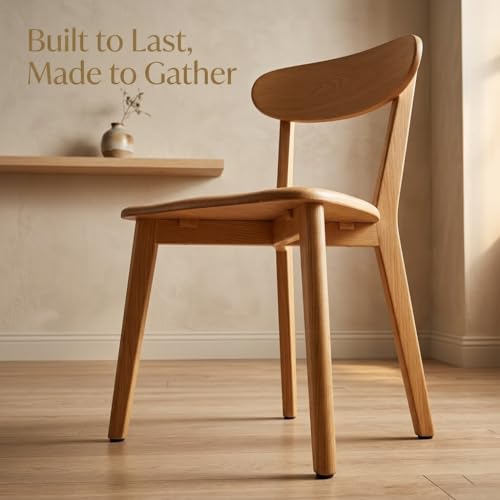 Solid Wood Dining Chair with Curved Backrest, Ergonomic Kitchen Side Chair, Sturdy Wooden Accent Chair for Dining Room, Living Room, Bedroom, Natural Finish