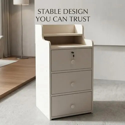 Slim Nightstand for Small Spaces with 3 Drawers, Lockable Bedside Table, Tall Narrow Side Table, White Storage Cabinet for Bedroom