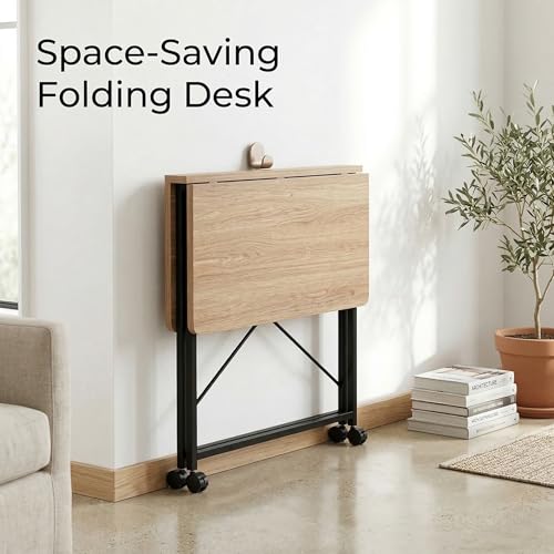Folding Desk with Wheels, 31.5'' Small Rolling Computer Desk for Small Spaces, Portable Foldable Writing Desk for Home Office, Study Table, Easy Assembly