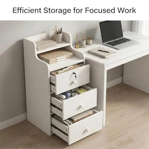 Slim Nightstand for Small Spaces with 3 Drawers, Lockable Bedside Table, Tall Narrow Side Table, White Storage Cabinet for Bedroom