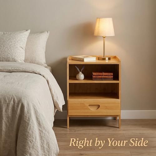 Bedside Table with Drawer and Shelf, Small Nightstand Storage Cabinet for Bedroom, Compact End Table for Small Spaces, Bamboo Look Wood Organizer, Natural Finish