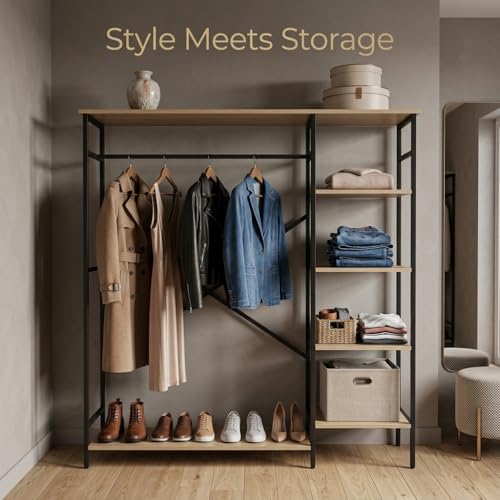 Clothes Rack with Storage Shelves, 4-Tier Freestanding Garment Rack with Hanging Rod, Heavy Duty Metal Clothing Organizer for Bedroom Closet Laundry Room