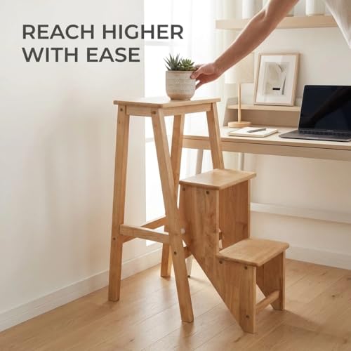 Folding 3-Step Wooden Ladder Stool, Multi-Purpose Step Stool Chair for Kitchen, Home or Office, Space-Saving Step Ladder