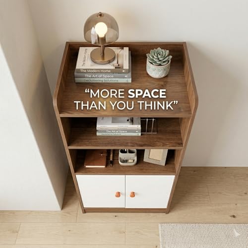 Small Wood Nightstand with Storage Cabinet, 2-Tier Bedside Table with Door, MDF Organizer Shelf for Bedroom, Living Room, Narrow Side Table, Brown