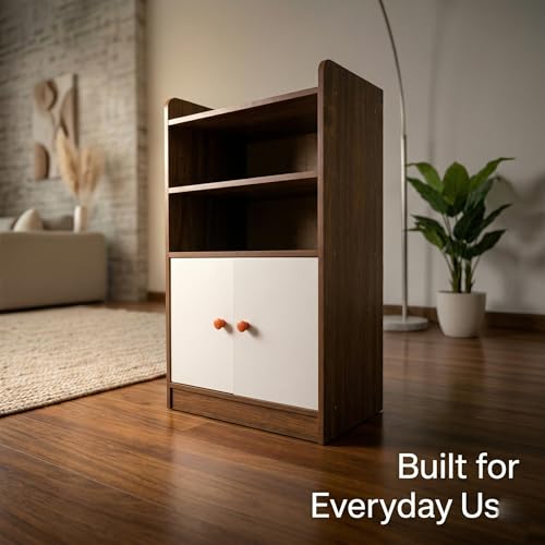 Small Wood Nightstand with Storage Cabinet, 2-Tier Bedside Table with Door, MDF Organizer Shelf for Bedroom, Living Room, Narrow Side Table, Brown