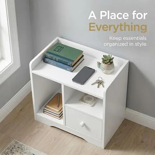 Small Nightstand with Drawer and Shelf, Bedside Table with Open Storage Cubby, Modern End Table for Bedroom, Space Saving Organizer for Small Spaces, White Cabinet