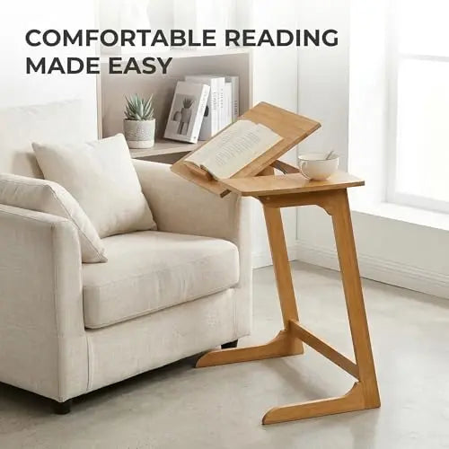 Adjustable Tilting Laptop Table for Bed and Sofa, Wooden Bedside Desk with Angle Adjustable Desktop, Small Side Table for Reading, Laptop and Home Office