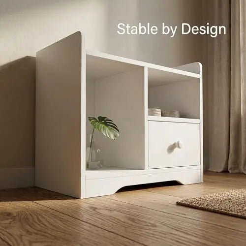 Small Nightstand with Drawer and Shelf, Bedside Table with Open Storage Cubby, Modern End Table for Bedroom, Space Saving Organizer for Small Spaces, White Cabinet