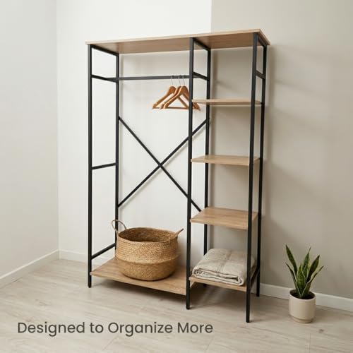 Clothes Rack with Storage Shelves, 4-Tier Freestanding Garment Rack with Hanging Rod, Heavy Duty Metal Clothing Organizer for Bedroom Closet Laundry Room