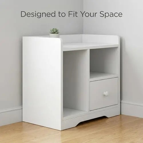 Small Nightstand with Drawer and Shelf, Bedside Table with Open Storage Cubby, Modern End Table for Bedroom, Space Saving Organizer for Small Spaces, White Cabinet