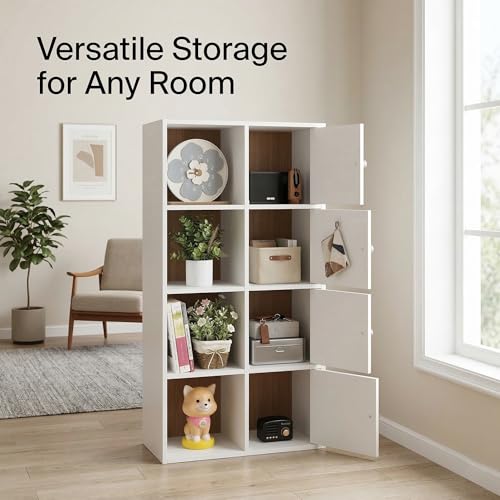 8-Cube Storage Organizer Bookshelf with Doors, Wooden Cube Bookcase Storage Cabinet for Living Room Bedroom Office, Modern MDF Display Shelf