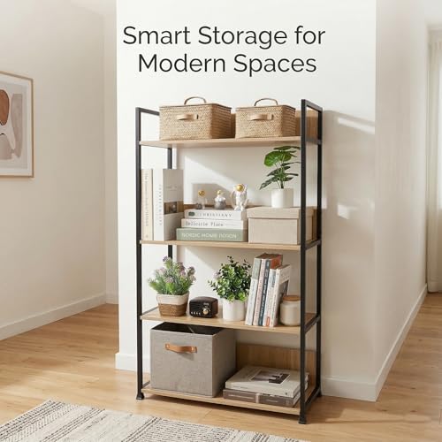 4-Tier Kitchen Storage Rack, Wooden Baker’s Rack with Metal Frame, Microwave Stand Storage Shelf for Kitchen, Living Room or Office