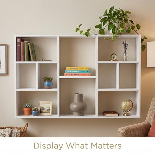 Wall Mounted Storage Shelf, Large Floating Wall Shelf with 10 Cubes, Multi-Compartment Bookcase for Living Room, Bedroom, Kitchen, Display Organizer Rack, White